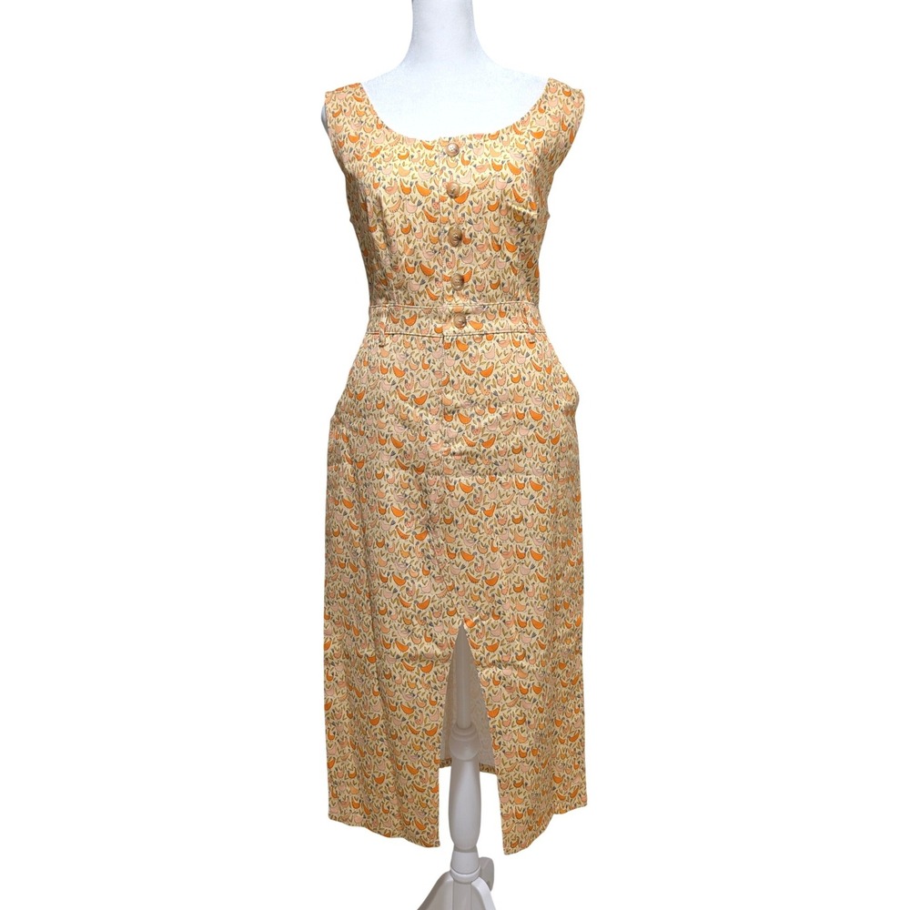 Teacher Farm Cottage Yellow Orange Chicken Print Button Front Midi Dress Small